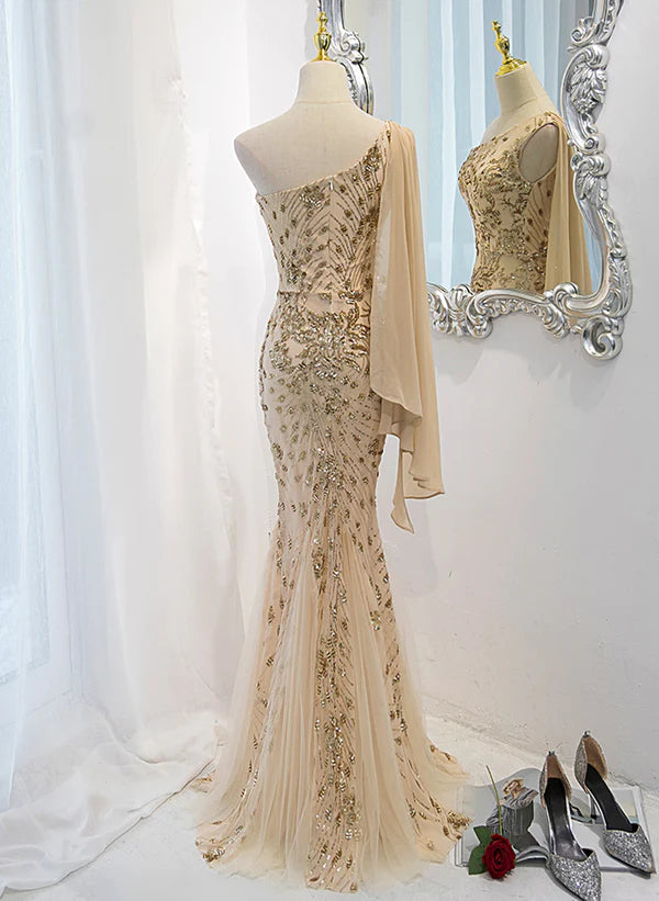 Lovely One Shoulder Champagne Sequins Mermaid Prom Dress